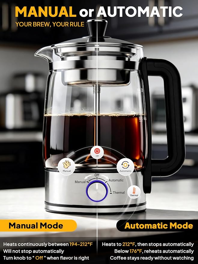 Horavie 8-Cup Electric Percolator Coffee Maker – Borosilicate Glass Carafe, Stainless Steel Filter, Auto or Manual Brew, Manual Keep Warm, Black