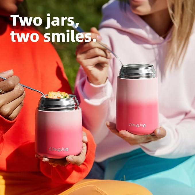 2 Pack Insulated Food Jar Set, 26oz & 18oz Stainless Steel Vacuum Insulated Soup Containers for Hot Food, Leak-Proof Thermal Food Jars with Spoons, Cute Stylish Design for School, Work & Travel (Pink)