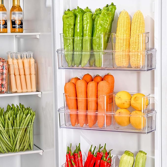 Crystal Clear Freezer Storage Bins - 4 Pack Stackable Freezer Organizer Bins, Clear Plastic Kitchen Cabinet Organizer for Meat, Veggies & Fruit (White, 8pcs-L)