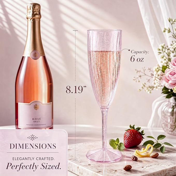 WDF 36PCS Pink Champagne Flutes Plastic - 6 OZ Pink Glitter Disposable Champagne Flutes for Wedding/Birthday/Parties/Bridal Shower