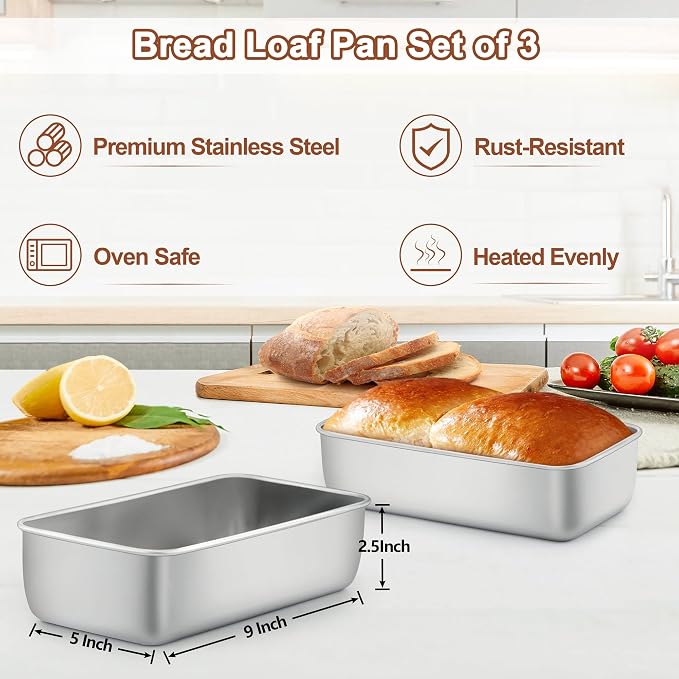 LIANYU 3 Pack Loaf Pans for Baking Bread and 15-Piece Cooking Kitchen Utensils Set with Holder, 9x5 Inch Bread Pan with Silicone Kitchen Tools Stainless Steel Handle