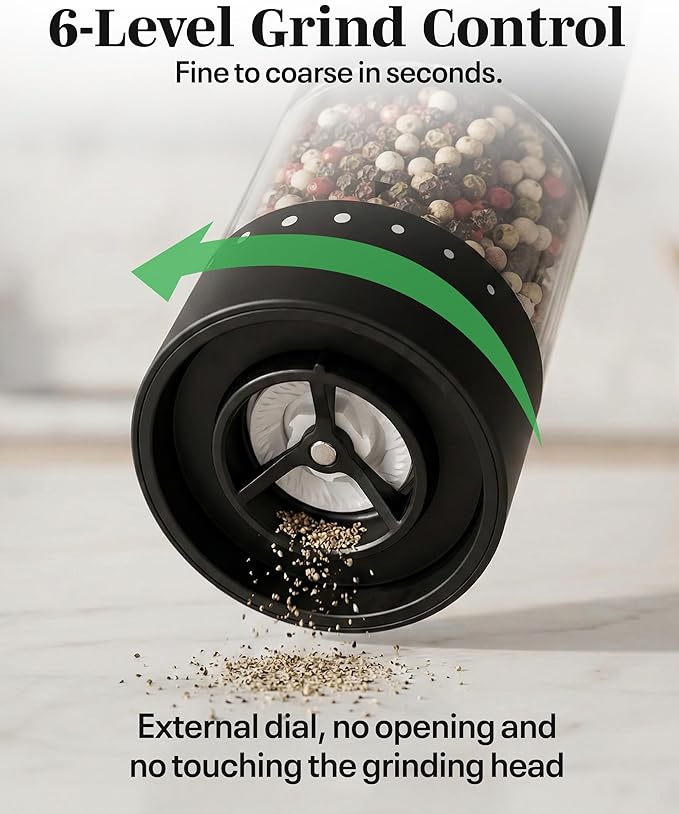 Electric Salt and Pepper Grinder Set - Black 2 Pack Battery Operated Mills with 95ml Large Capacity, Adjustable Coarseness, Built-in LED Light, Automatic Salt & Pepper Shakers for Kitchen