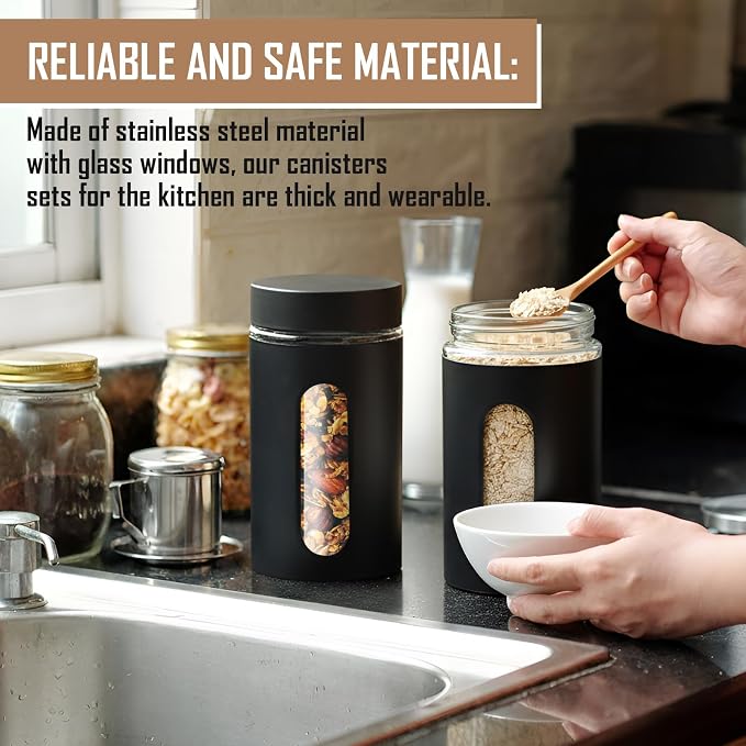 Patelai 6 Pack Kitchen Canisters Set Airtight Stainless Steel Canister Food Storage Container with Window Glass, Coffee Sugar Candy Jars Tea Organizer for Flour Cookies Spice (Black,32 oz)