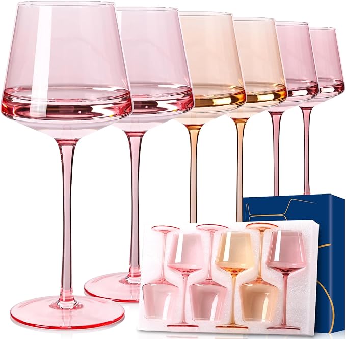 Pink wine glasses set-Pink Colored Wine Glasses Set of 6 -light peach wine glasses Gifts for Women Hand-Blown colored Glasses-Bachelorette, Party, Celebration, Birthday