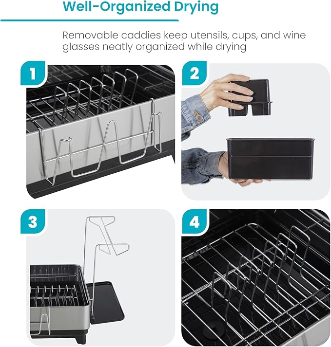 Home Zone Living Large 1-Tier Stainless Steel Dish Drying Rack with Drain Pipe and Utensil Holders