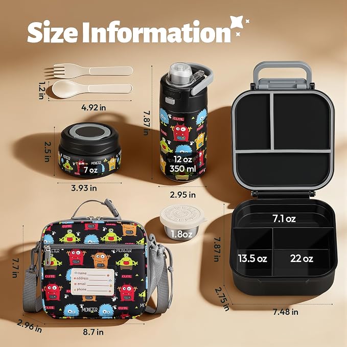 Itslife Bento Box for Kids Set, Insulated Food Container,Kids Lunch Box, 7 oz Thermos for Hot Food, 12 oz Thermos Water Bottle, Reusable Insulated Ice Bag & Fork Spoon Utensils Camping Travel Black