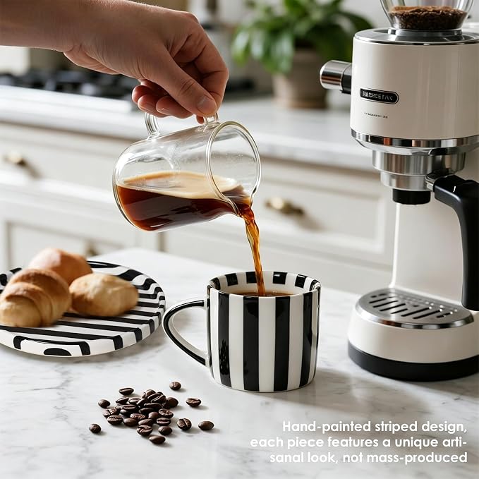 Ceramic Coffee Mug Set with Plates, 3-Piece Black Striped Mug Coffee Mug Ceramic Tea Cups and Saucers & Dessert Plate, Unique Coffee Mugs, M/W, D/W & Fridge Safe, Gift for Women, Coffee Lover Gifts