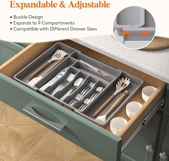 Lifewit Silverware Drawer Organizer, Expandable Cooking Utensil Tray, Adjustable Cutlery and Flatware Tray, Plastic Spoons Forks Knives Holder Storage Dividers, Large