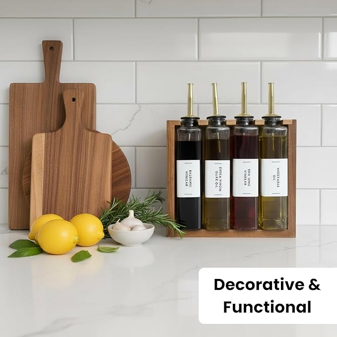 The Oil Library | Glass Oil & Vinegar Bottles with 100% Acacia Wood Stand | 4 Containers, 5 Gold Nozzles & 35 Stain-Resistant Labels | Countertop Display Set