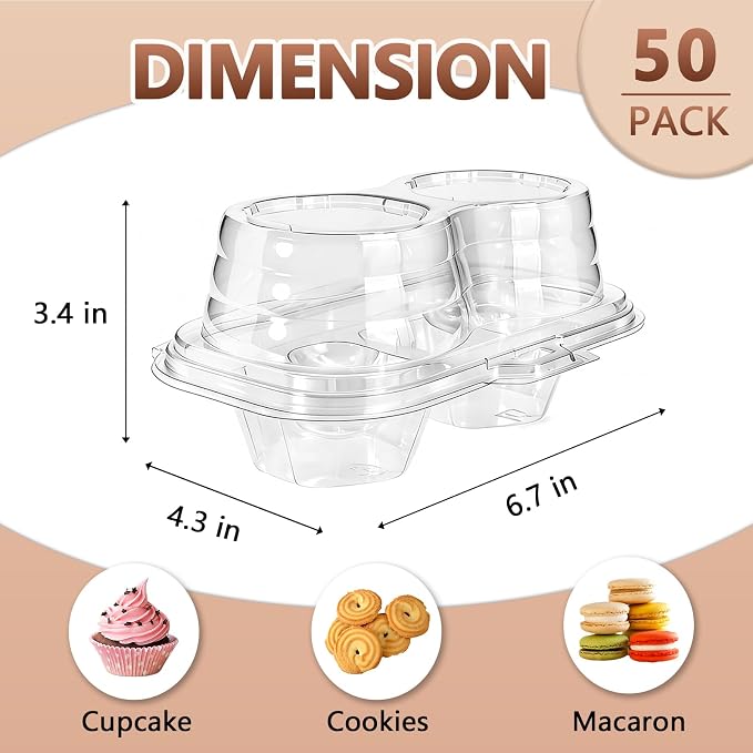 50 Pack Plastic Cupcake Containers with Lids, Disposable 2 Count Clear Cupcake Boxes Holders Carrier, Cake Storage Packaging to Go Muffin Containers for Dessert Donuts Wedding Birthday Party