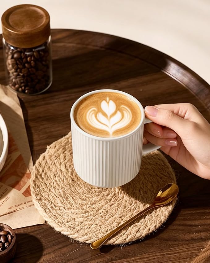 famiware Coffee Mug Set for 6, Star 12 oz Catering Mugs Cup Set with Handle for Coffee, Tea, Cocoa, Milk- Ceramic Stoneware Drinkware Set, Oat