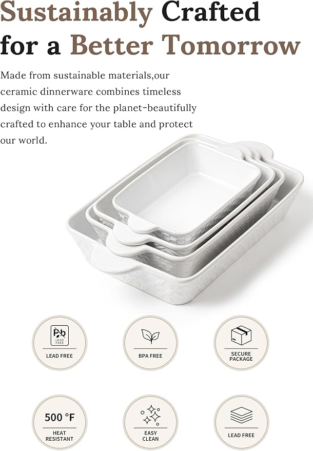 FOBENTA Casserole Dishes for Oven - Ceramic Bakeware Sets of 4, Rectangular Baking Deep Dishes with Handles, Lasagna Pans for Kitchen Cooking & Wedding Gift, Embossed