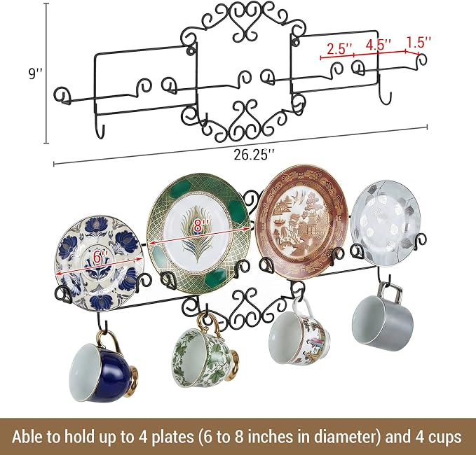 MyGift Vintage Scrollwork Black Metal Wire Tea Coffee Cup and Saucer Set Rack, Wall Mounted Decorative Display Shelf Holds Up to 4 Collectible Plates & Mugs