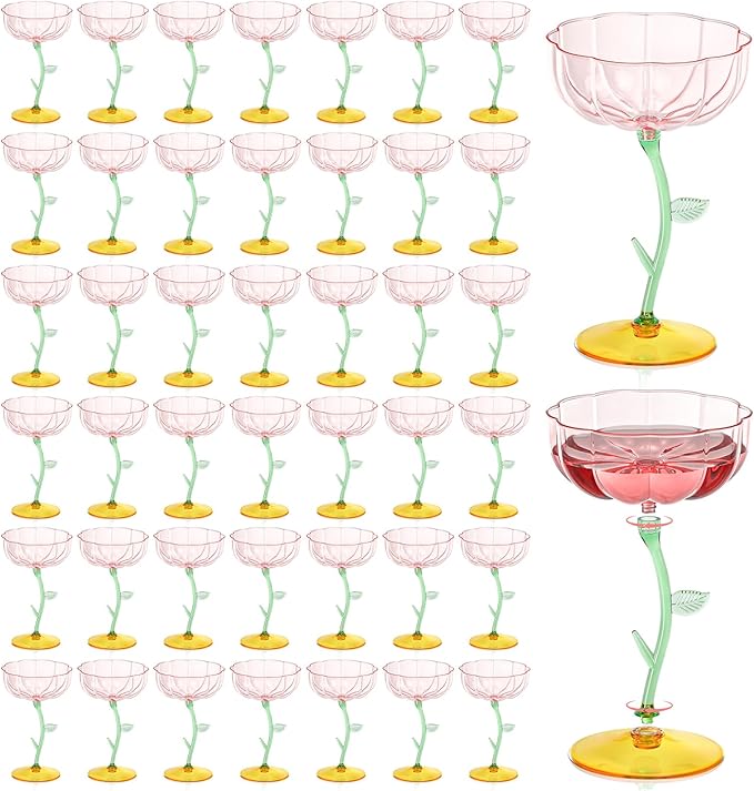 48 Pcs Pink Plastic Ribbed Coupe Glasses Detachable 7oz Flower Cocktail Glasses Modern Wavy Plastic Cocktail Coupes Disposable Martini Glasses Mimosa Glassware champagne goblets (48, PInk)