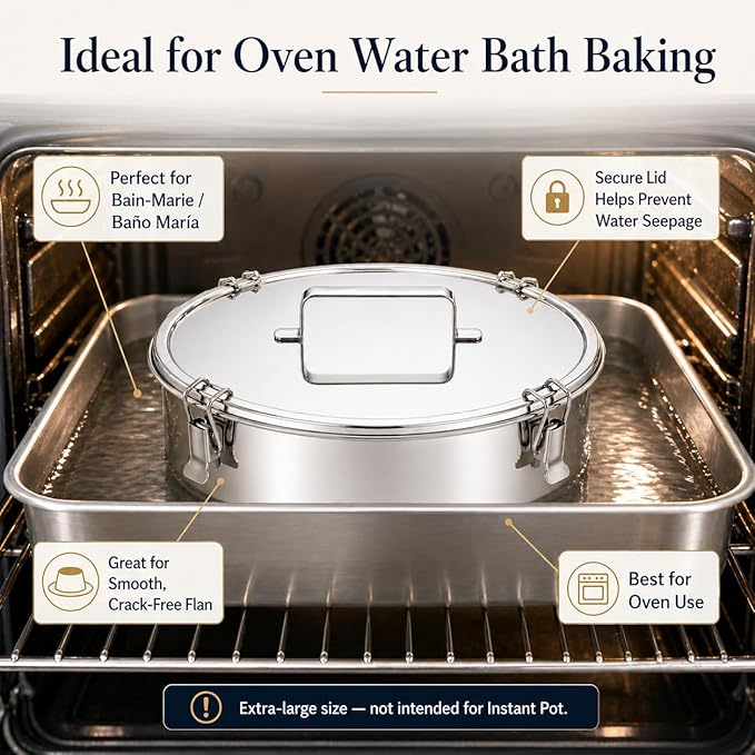 Extra Large Stainless Steel Flanera with Lid, 11.25 Inch 125 fl oz Flan Mold, Molde Para Flan for Family-Size Flan, Quesillo, Custard, Pudding, Cheesecake & Oven Water Bath Baking