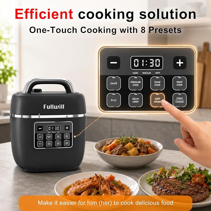 Fullwill Electric Pressure Cooker Lite 3 Quarts,7 in1,Slow Cooker, Rice Cooker,Steamer, Sauté, Warmer, Olla de Presion Nonstick Pot