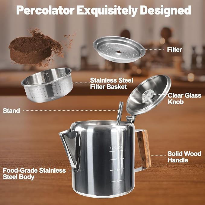 12 Cup Percolator 304 Stainless Steel Coffee Pot Coffee Maker Coffee Machine with Solid Wood Handle Transparent Knob Stovetop Greca Mocha for Induction Home and Camping 2200ml 74.4oz