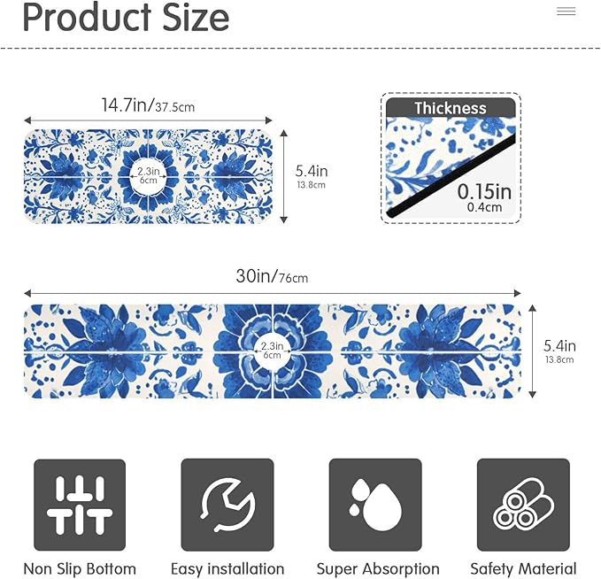 Kitchen Sink Splash Guard 2 PCS 30 Inch Sink Faucet Mat Splash Guard for Bathroom Countertop Water Absorbent Foldable Cuttable Soft Washable Floral Blue and White Tile