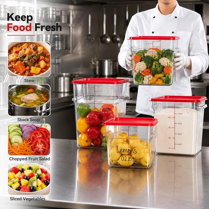 4 Pack Food Storage Containers with Red Lids, 12.0 Qt - Square, Clear, Polycarbonate, for Restaurant Commercial Kitchen and Home party