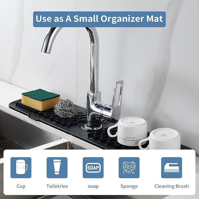 Kitchen Sink Splash Guard 24inch Black Silicone Draining Mat Dish Drying Mats Sponge Holder and Bathroom Countertop Protect Kitchen Sink Splatter Screen