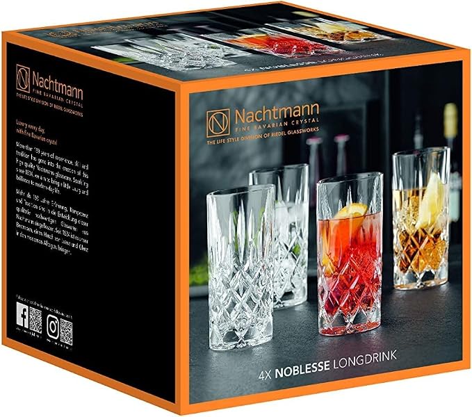 Nachtmann Noblesse 13 oz Crystal Glass Long Drink, Set of 4 – 6" Cut Crystal Lead-Free Highball Glasses for Cocktails, Sparkling Drinks & Beverages – Machine-Made Barware for Tabletop Use