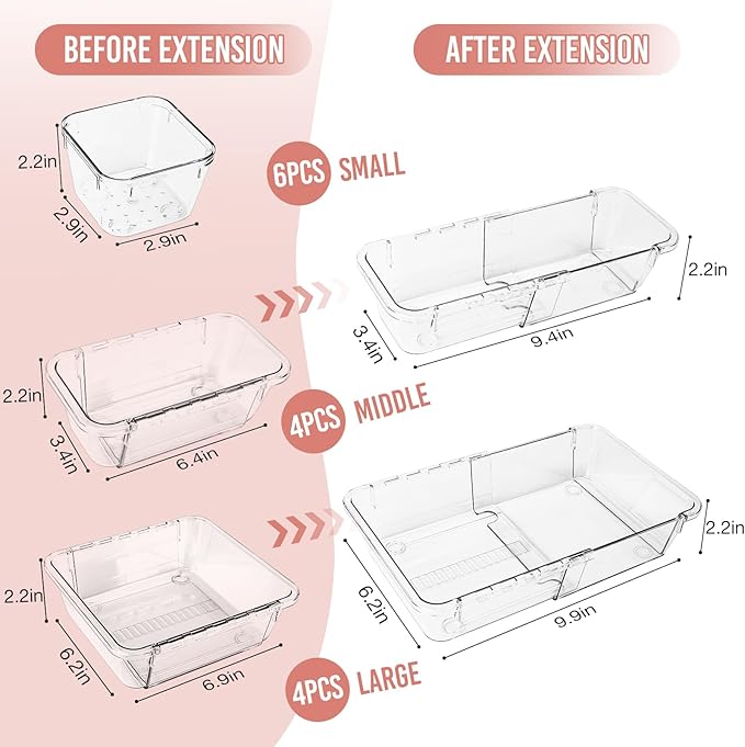 IAMGlobal 14PCS Extendable Clear Drawer Organizer, 3-Size Adjustable Vanity Organizer, Clear Acrylic Storage for Makeup, Bathroom, Bedroom, Kitchen, Office