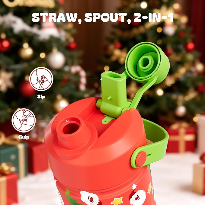 12 oz Kids Christmas Insulated Water Bottle: 2-in-1 Straw Spout Lid, Leakproof, BPA-Free, Keep Cold 24H, Stainless Steel Cup with Carrier Bag for Party, Travel, Holiday Gift (Santa's Jolly Wishes)