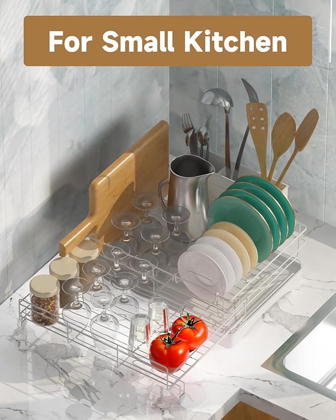 Dish Drying Rack Expandable Rack for Kitchen Counter, Carbon Steel Dish Racks Rust-Proof Large Capacity Dish Drainer with Utensil Holder, Space Saving for Bowls, Plates & Cups, White