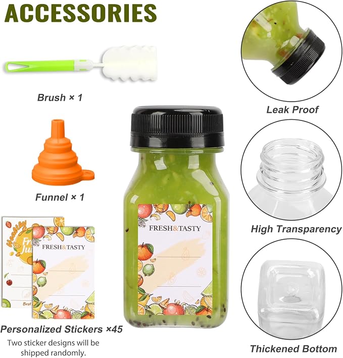 TOMNK 45pcs Juice Bottles with Caps, 4oz Plastic Containers with Lids Empty Reusable Clear Ginger Shots Bottles with Label, Funnel, and Brush Beverage for Juicing, Smoothies, Drinking, Fridge