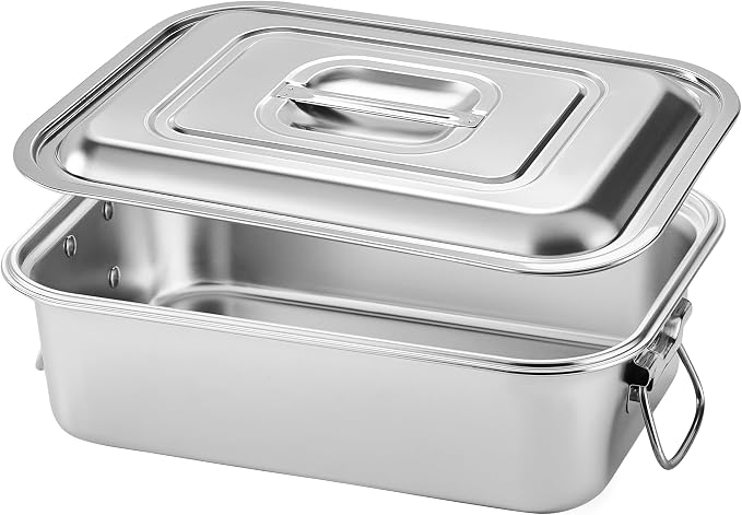 Extra Deep Stainless Steel Lasagna Pan with Loop Handles & Lid, 14 x 9.9 x 4 Inch, 6.3 QT Large Casserole Baking Dish, Oven Safe Heavy Duty Baking & Roasting Pan for Meal Prep & Storage