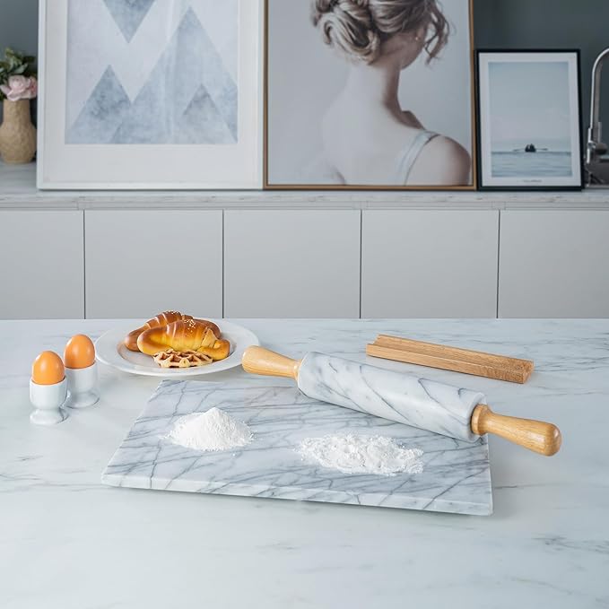 Creative Home Natural Marble Rolling Pin with Wooden Handles and Cradle, 18-Inch rolling pins for baking, Heavy Cool Surface, Dough Roller for Pastry, Pie, Pizza, Cookies, Off white