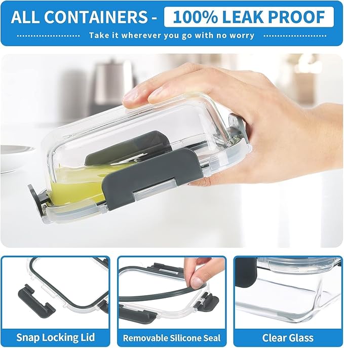 5-Pack 36 oz Glass Meal Prep Containers with Leak Proof Locking Lids, Glass Lunch Containers, Food Prep Lunch Box, Bento Box for Microwave, Oven, Freezer, Dishwasher Safe(2 Compartments)