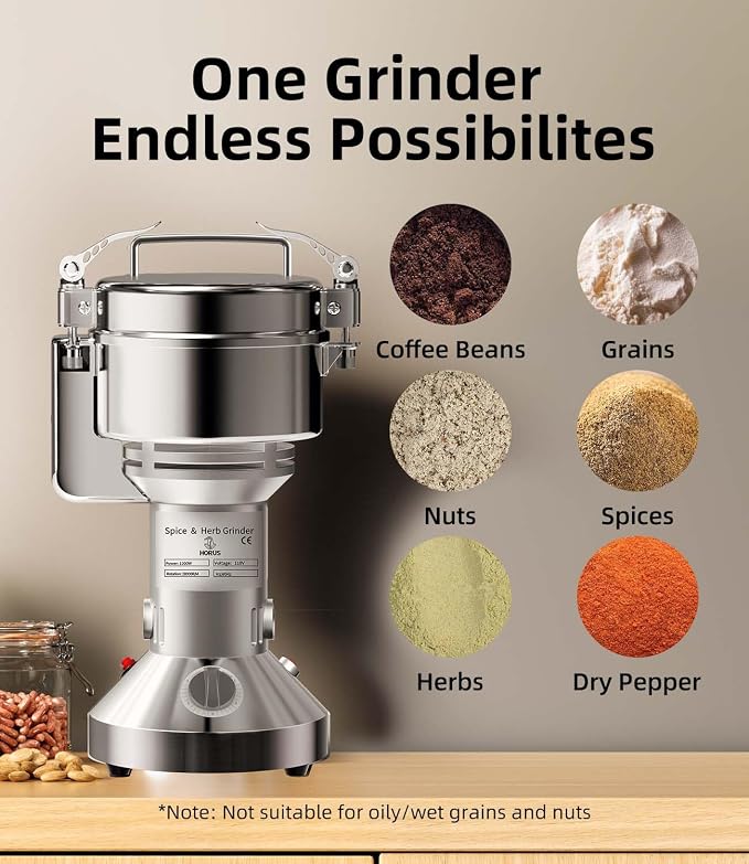 Electric Grain Mill 300g, 1200W Flour Grinder Mill Stainless Steel for Home, Counter Grain Grinder for Wheat, Rice, Wheat Berry, Corn, Herbs, Spices, Oats