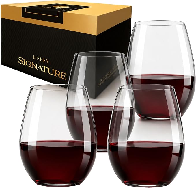 Libbey Signature Red Wine Glasses Set of 4, Elegant, Dishwasher Safe Glass Stemless Wine Glasses, Elegant Wine Glasses for Weddings, Birthdays & More