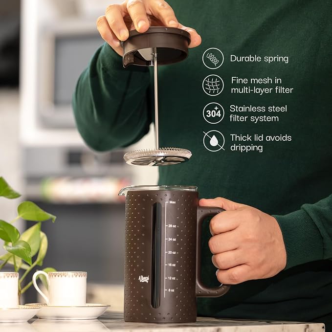 34oz Large French Press Coffee Maker Brown | BPA - FREE | Heat Resistant | Premium Coffee Press | Tea & Hot Drinks | Coffee Brewer | Dishwasher Safe | Gift ready Set | Includes Replacement filters