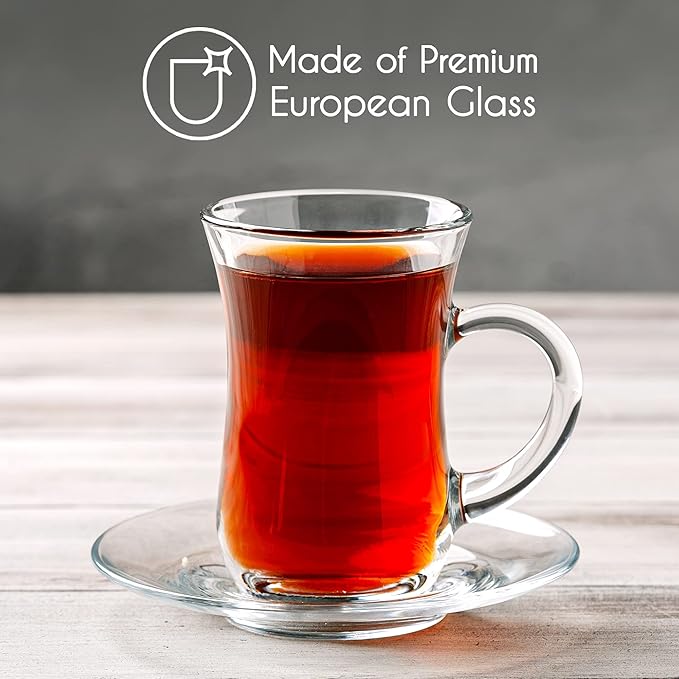 Volarium 4.9 oz (145 cc) Small Turkish Tea Set, 12 Piece Modern Turkish Tea Glasses & Saucers Set, 6 PCs Clear Glass Tea Cups with Handle and 6PCs Glass Saucers