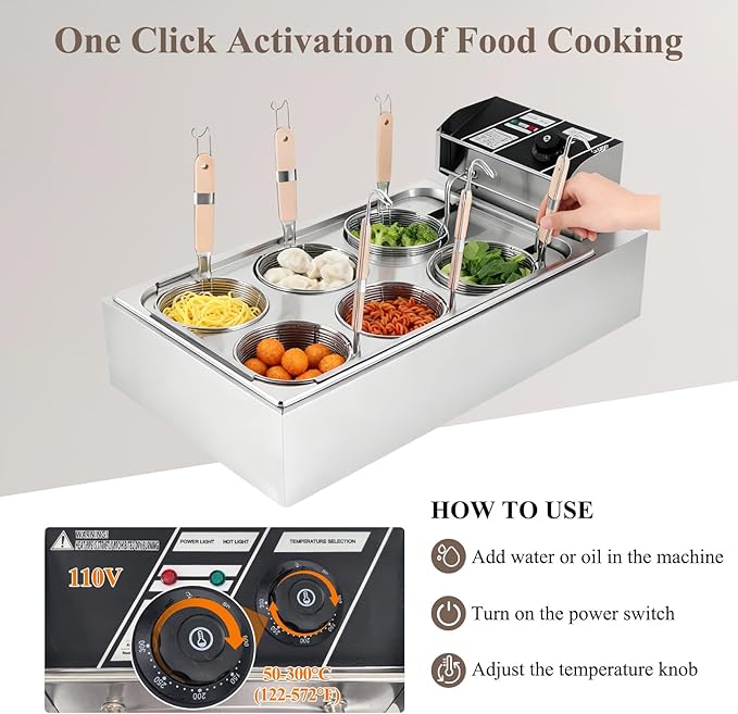 Commercial Electric Pasta Cooker with 6 Baskets, Stainless Steel, 50-300℃ Temperature Control, 110V Noodle Cooking Machine for Restaurant.