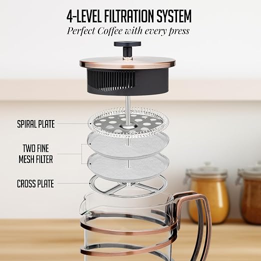 OVENTE French Press Coffee Maker 34 Ounce with Heat Resistant Borosilicate Glass, Stainless Steel Design and 4-Level Filter System, Portable Cold Brewer Pot for Travel, Camping or Gift, Copper FSW34C
