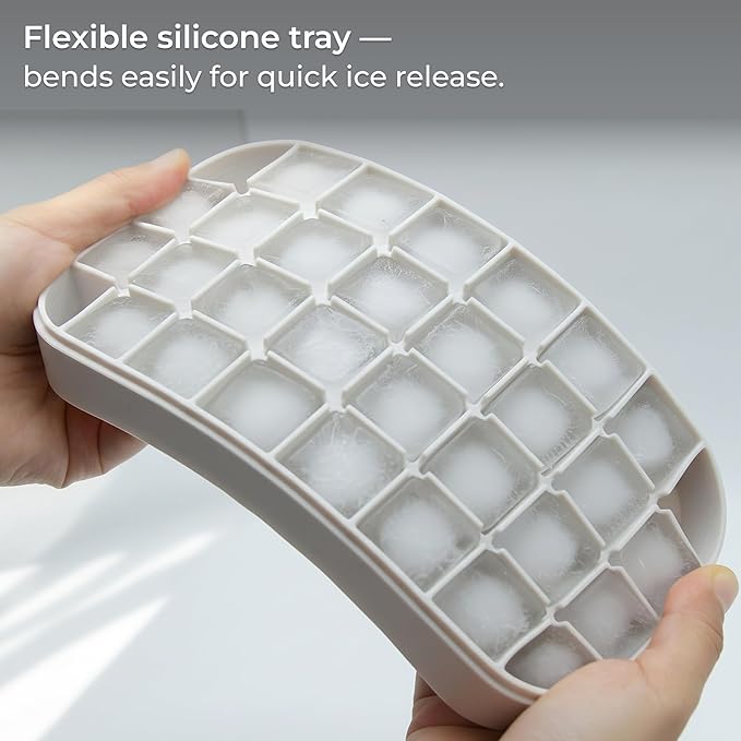 Ice Cube Tray Set with Lid & Bin, 2 Silicone Trays (32-Cube Each, 64 Total), Easy-Release, Stackable, Leak-Proof, Dishwasher Safe, Sand Beige