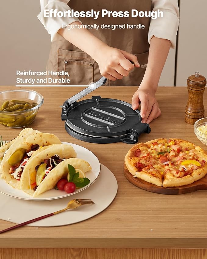 VEVOR Tortilla Press, 10 Inch Cast Iron Tortilla and Roti Maker, Heavy Duty Tortilladora Press, Pataconera Makers with Handle and 100 Pcs Parchment Paper, Dough Taco Press for Flour Tortilla, Tawa