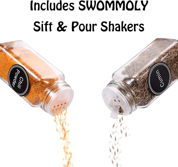 SWOMMOLY Spice Rack Organizer with 36 Empty Square Spice Jars, 396 Spice Labels with Chalk Marker and Funnel Complete Set, for Countertop, Cabinet or Wall Mount,Silver