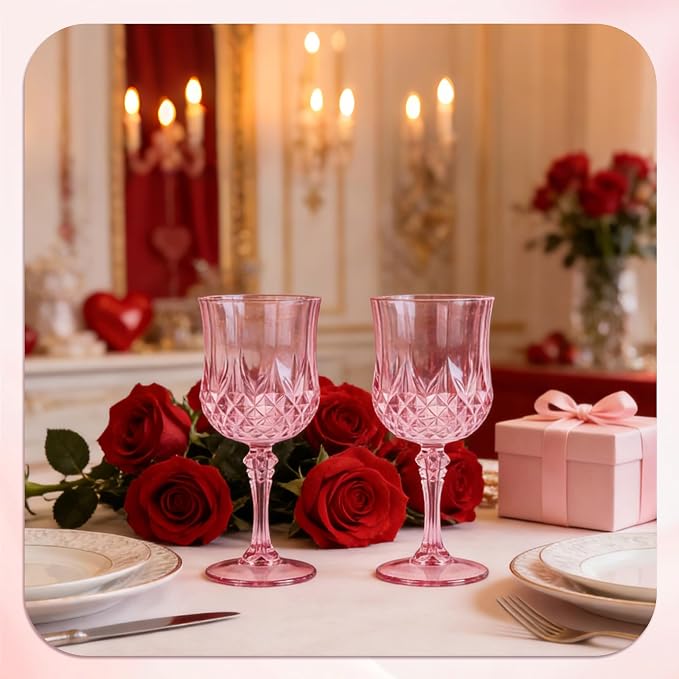 7OZ Plastic Wine Glasses, Reusable Vintage Goblets Unbreakable Drinking Glasses Crystal Water Cups Champagne for Wedding, Parties (48, Pink)