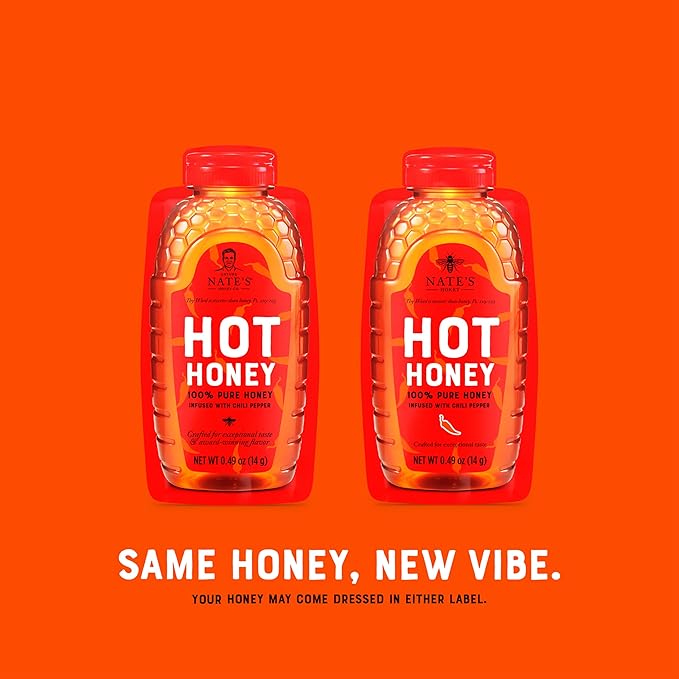 Nate's Bulk 400ct Hot Honey Minis - Single-Serve 100% Pure Honey Infused with Habanero Chili Pepper – 0.49oz Packets, 400ct box