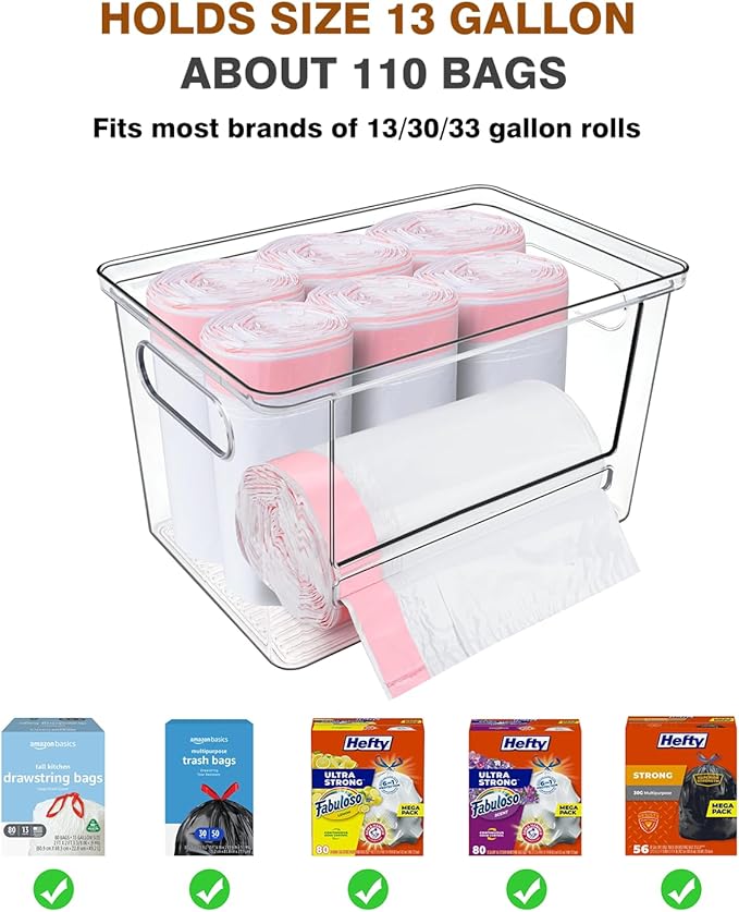 Trash Bag Dispenser 2 Pack, Stackable Acrylic Garbage Bags Dispenser with Bamboo Lid, Extra Large Clear Under Sink Organizer for 13/30/33 Gallon Bags, Kitchen, Cabinet, Laundry Room Storage