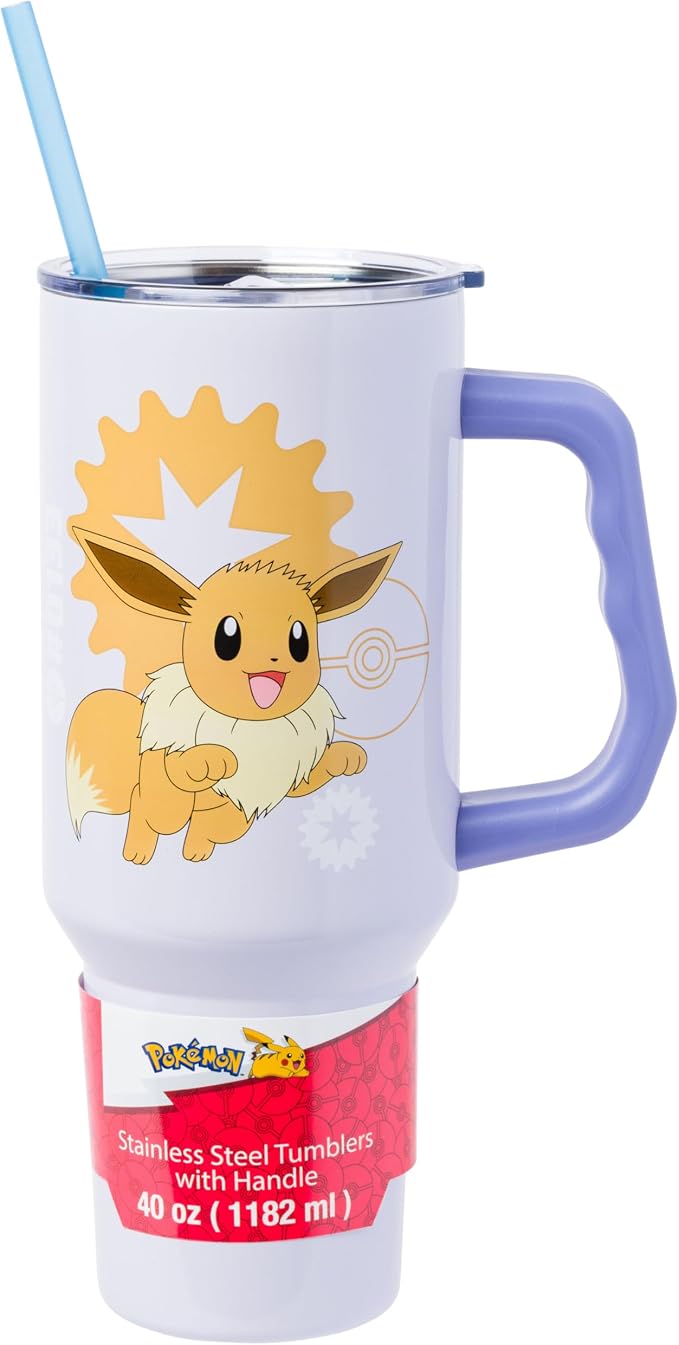 Silver Buffalo Pokémon Eevee Stainless Steel Tumbler with Handle, 40oz | Double-walled insulation, fits standard cup holder, secure lid with straw, travel friendly