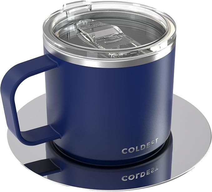 Stackable Insulated Espresso Cup with Saucer by Coldest - Insulated Triple Wall Travel Stainless Steel Travel Double Shot Espresso Coffee Mug with Sliding Lid (4 oz, Dark Blue)