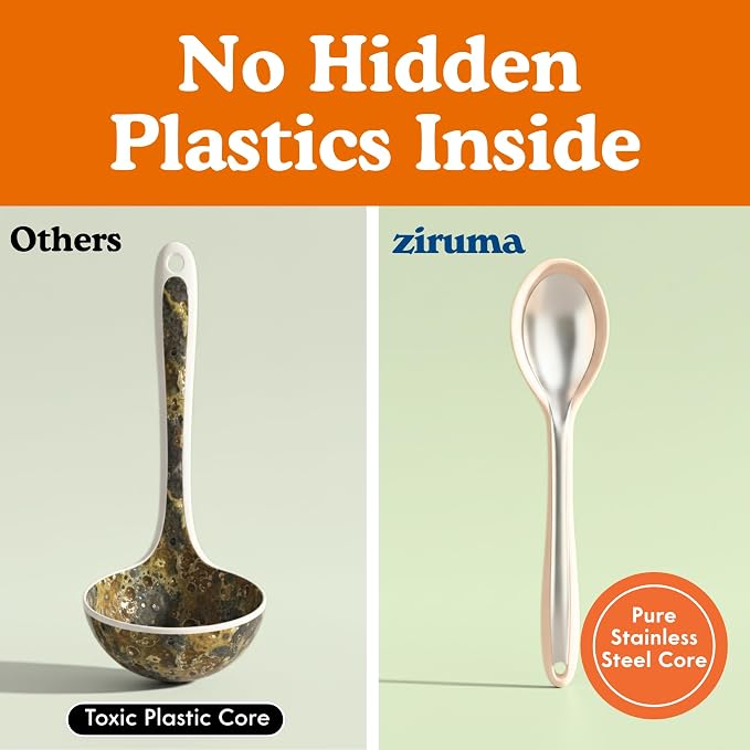 NonToxic Platinum Silicone Utensils, 100% Plastic-Free, 4-Pcs, Beige | LFGB-certified platinum silicone. Solid steel core, no hidden plastics. 500°F heat resistant. Non-scratch. Dishwasher safe
