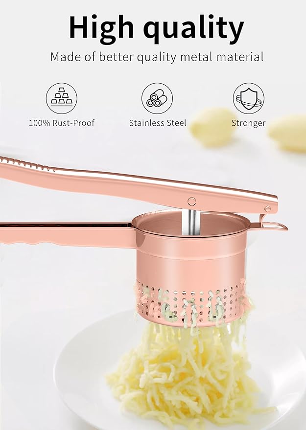 GloTika Large 15oz Potato Ricer Masher, Heavy Duty Stainless Steel Potato Masher with Ergonomic Handle, Masher and Ricer Kitchen Tool for Mashed Potatoes, Noodle Maker, Rose Gold