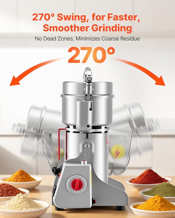 VEVOR 300g Electric Grain Mill Grinder, High Speed 1500W Commercial Spice Grinders, Stainless Steel Pulverizer Powder Machine, for Dry Grains Spices Cereals Coffee Corn Pepper, Swing Type