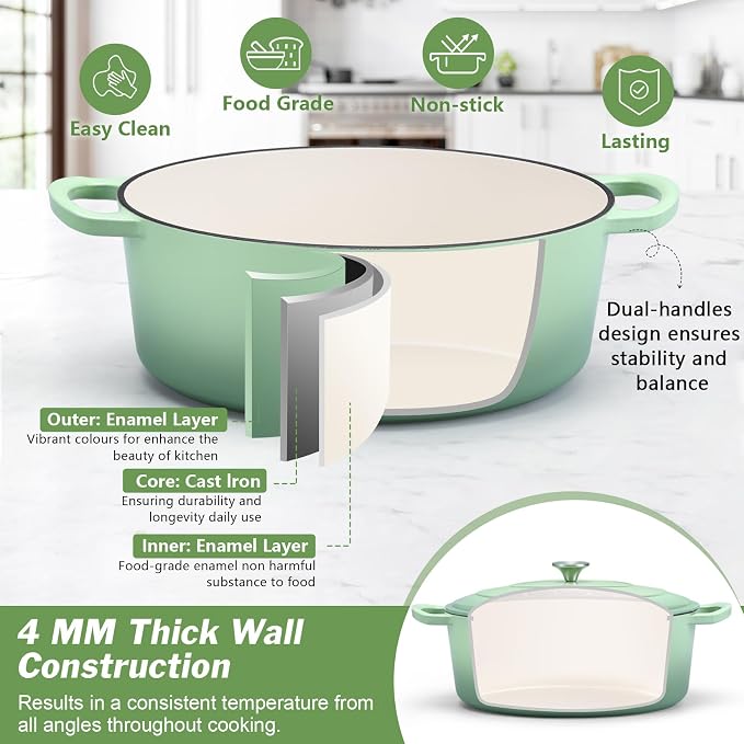 P&P CHEF Oval Dutch Oven with Lid, Enameled Cast Dutch Oven Pot for Bread Baking, Braising, Stewing, Roasting, Non-Stick & Oven Safe, Dual Handles & Easy Clean, 5QT & Pistachio Green, Valentine's Day